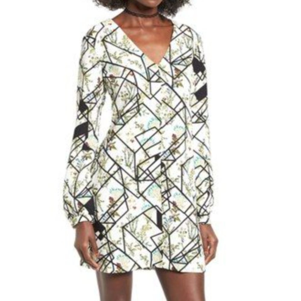 WAYF Hendrix Print Long Sleeve Shift Dress Green/White/Black Print